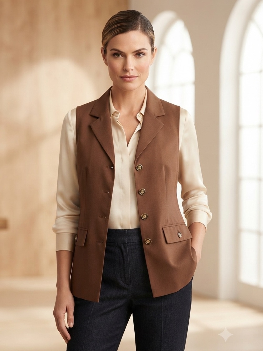 Women's Brown Tailored Vest with Button-Front